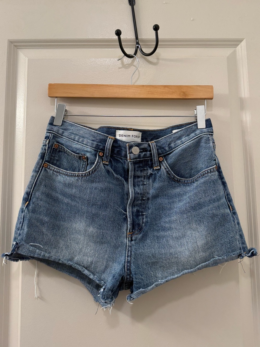 Aritzia Denim Forum The Yoko Short Distressed Medium Blue High-Rise Jean Shorts